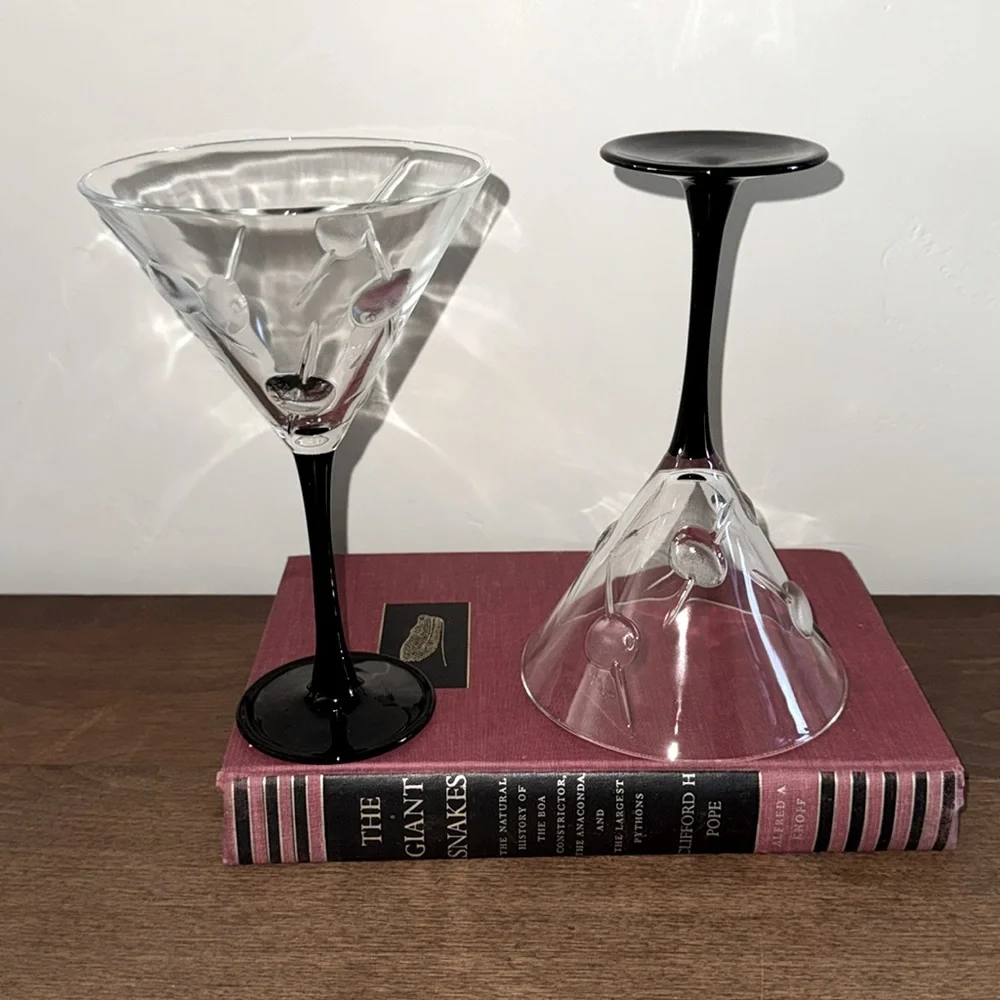Vintage Barware Retro Raised Olive Martini Glass Set Clear Glass Black Stem
